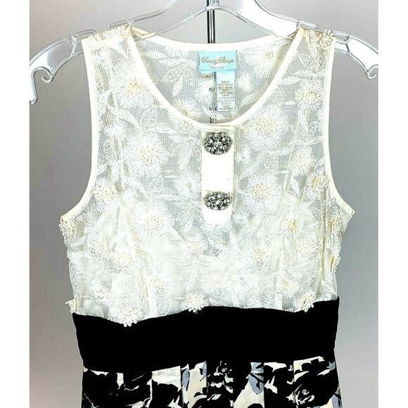 Tracy Reese Women Dress Midi Boho Cocktail White Black Floral Tulle Sleeveless 4 - Picture 2 of 5
